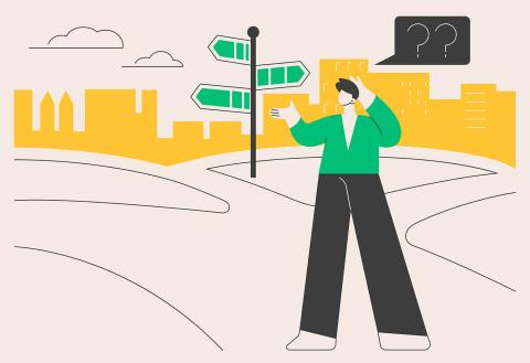 A person looking at a crossroad with three paths. There is a directional arrow pointing at each path. The person has a chat bubble with question marks over their head.