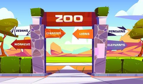 Animated zoo entrance with signs pointed to the various animal exhibits.