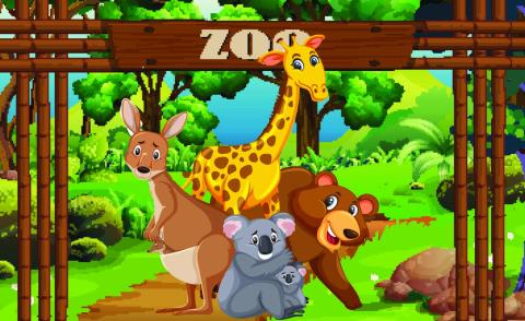 Cartoon animals standing in front of a gate that says zoo.