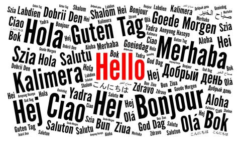 The word Hello in red print surrounded by the words for hello in different languages, including German, Italian, and Swedish.