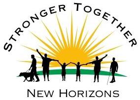 Conference logo showing a yellow sun in the background rising over a green hill. Six people are in front of the hill, one is walking with a guide dog, another is walking with a white cane and the rest are holding hands all are black silhouettes. Curved over the sun reads Stronger Together. Under the people reads New Horizons.