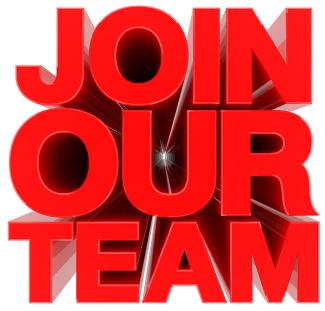 Large, read upper case letters stacked in the shape of a square spelling out Join Our Team!
