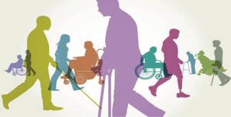 Silhouettes of people with various disabilities. Each person is a different pastel color.