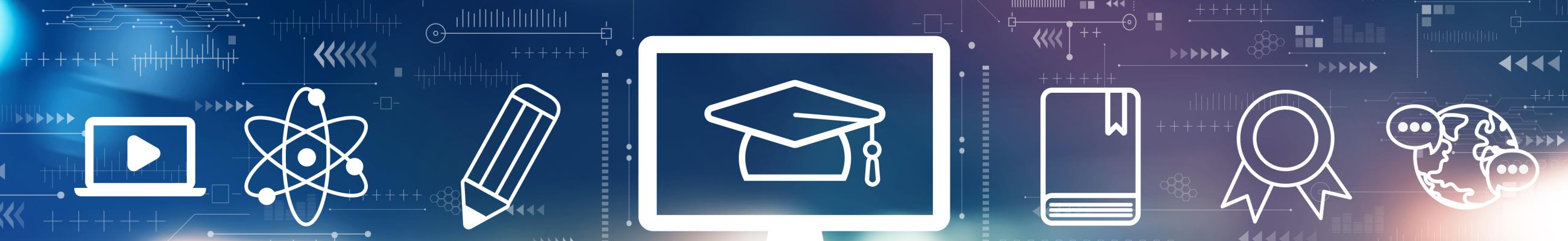 Icons representing various concepts of online education including a computer monitor with a graduate's cap.
